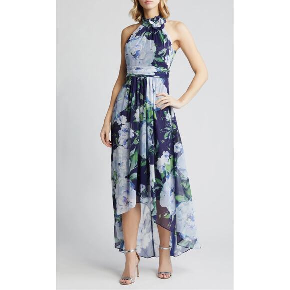 Eliza J Women's Floral Print Chiffon High Low Maxi Dress Blue Size 8 Halter - Picture 13 of 15